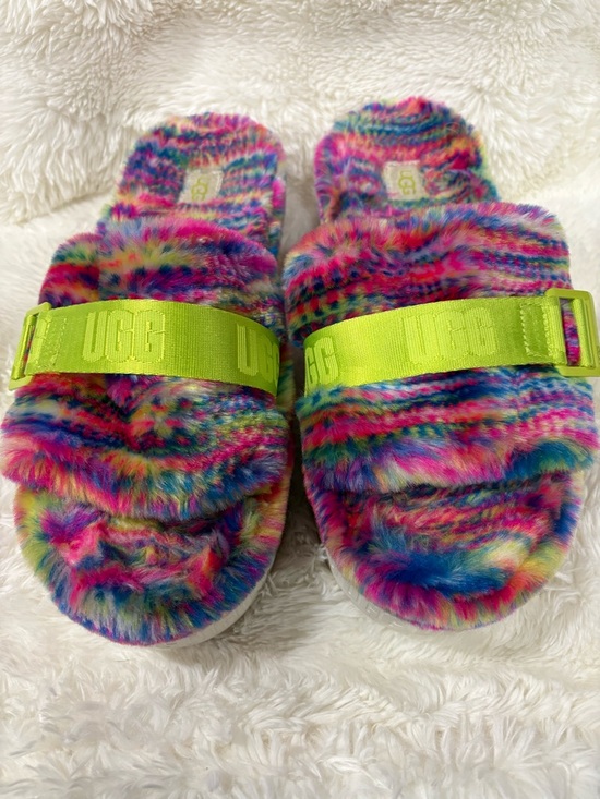 UGG Shoes - UGG Neon Multi Faux Fur Slide with Lime Strap
